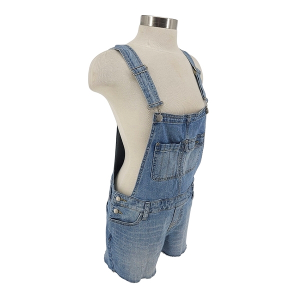 Mossimo Denim Shortalls Medium Wash Bib Overalls Coveralls Raw Hem Shorts Small - Picture 2 of 6